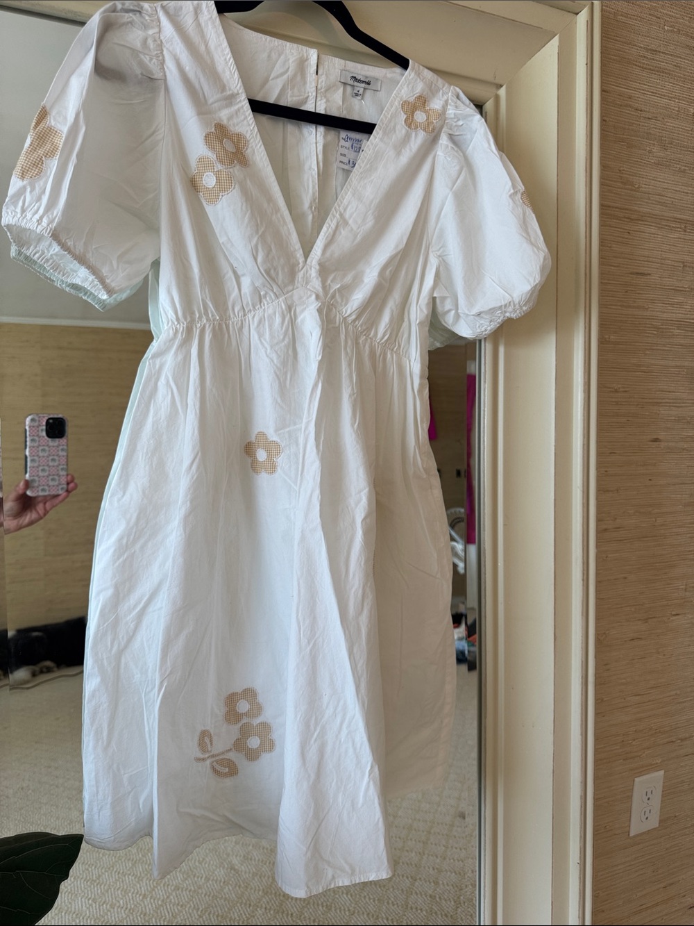 Madewell White V-Neck Puff Sleeve Dress with Beige Floral Embroidery